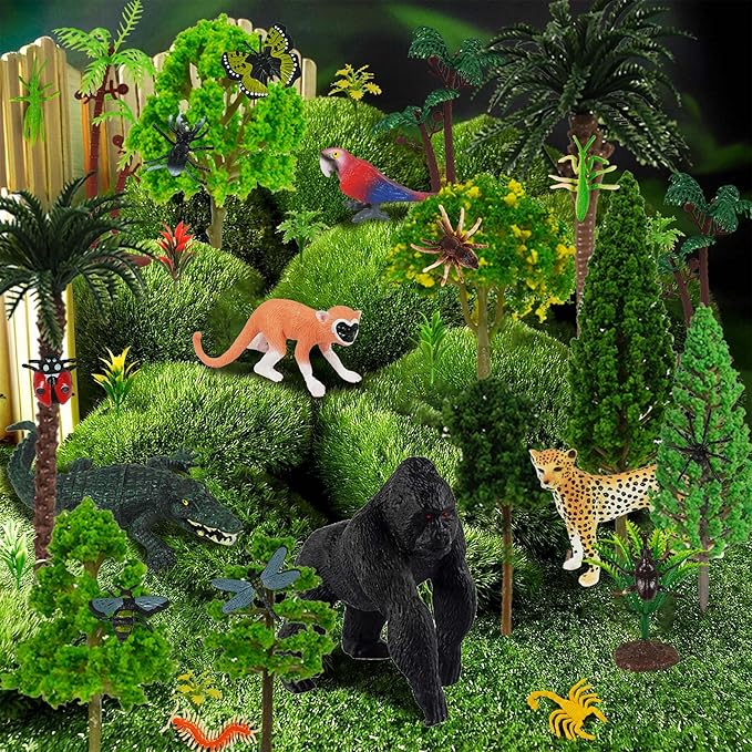 45 PCS Rainforest Animals Insect Figures Mixed Plastic Model Trees Forest for Rainforest Cake Topper Birthday Party Supplies Decorations