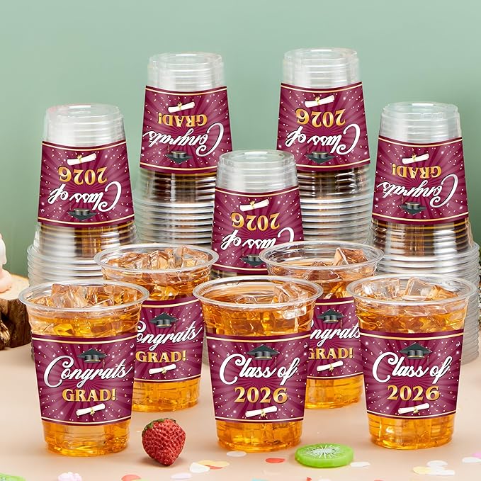 JOYIN 100 Pcs 16oz Graduation Party Plastic Cups (Maroon), Grad PET Cup Tableware Bulk for Class of 2026 Graduates, Disposable Cups for 2026 High School College Graduation School Grad Party Supplies