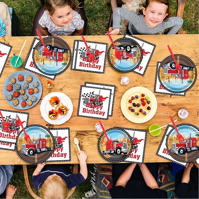 gisgfim 96 Pcs Semi Truck Party Supplies Paper Plates Napkins Tractor Trailer Themed Party Birthday Decorations Favors for Kids Semi Truck Party Decor Serves 24