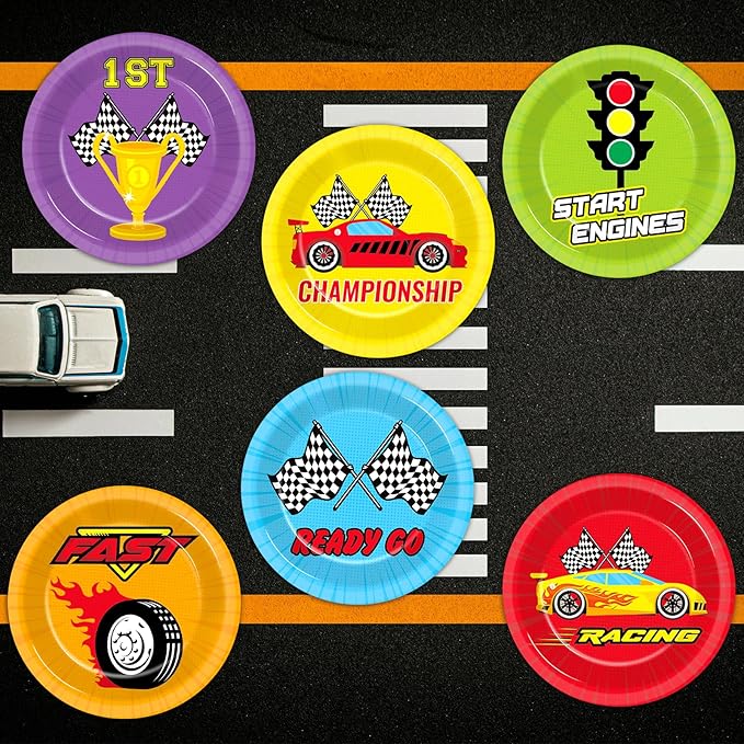 CHUNNIN 60Pcs Race Car Party Paper Plates for Party Decorations 7in Racing Sports Dessert Plates Disposable Tableware Dinnerware Set for Baby Shower Boys Birthday Racing Themed Party Supplies