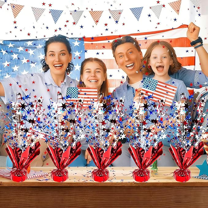 6 Pack 4th of July Table Centerpiece Decoration Metallic Foil Spray Star Burst Patriotic Decoration Independence Day Labor Day Veteran Day Memorial Day Party Supplies, Red White and Blue