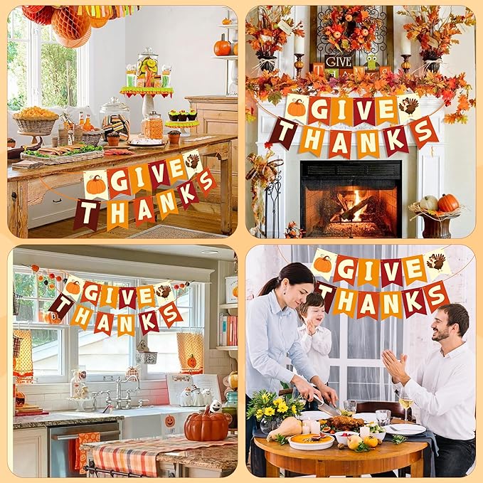 OHOME Thanksgiving Decorations - GIVE THANKS Banner | Friendsgiving Party Decorations for Indoor Outdoor Outside - Thanksgiving Garland for Front Door | THANKSGIVING Backdrop Wreath for Window Wall