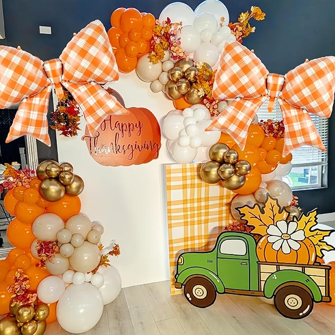 4Pcs Orange White Gingham Bow Balloons for The Life of A Showgirl Party/Tay*lor Sunset Coastal Birthday, Glam Showgirl Era Decor/Picnic Outdoor BBQ, Racing Party, Checkered Foil Bows