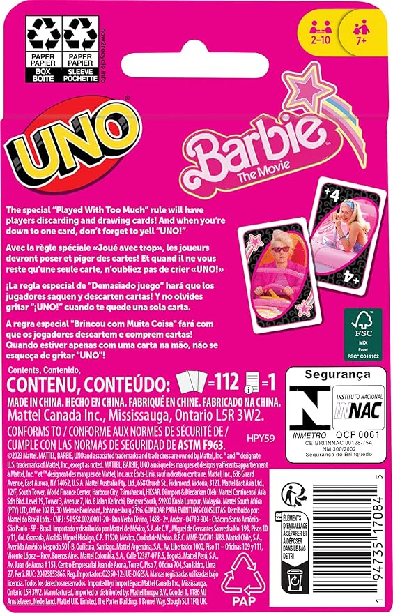 Mattel Games UNO Barbie The Movie Card Game for Kids & Adults Featuring Characters Graphics & Special Rule, 2 to 10 Players