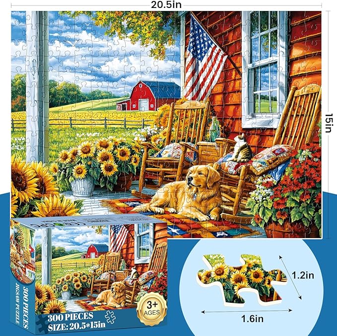 300 Piece Puzzles for Adults,Farm Country Life Puzzles for Adults Children Seniors,Sunflowers Dog Jigsaw Puzzles for Kids Ages 8-10 10-12,Landscape Puzzle Letter on Back, Family Puzzle Game,20.5*15in