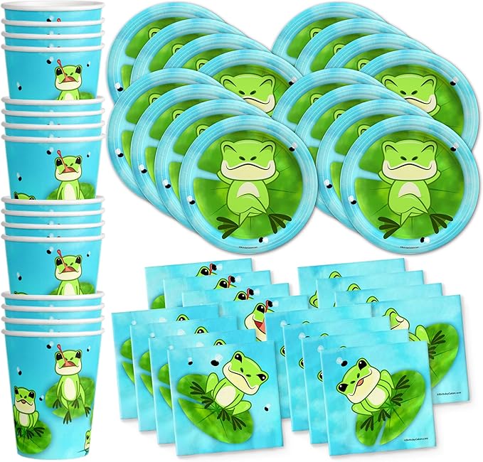 Frog Birthday Party Supplies Set Plates Napkins Cups Tableware Kit for 16