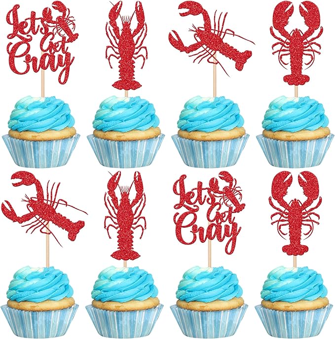 24 PCS Crawfish Cupcake Toppers Red Glitter Let's Get Cray Lobster Cupcake Picks Crawfish Party Cake Decorations for Lobster Theme Carnival Baby Shower Birthday Single Divorce Party Supplies