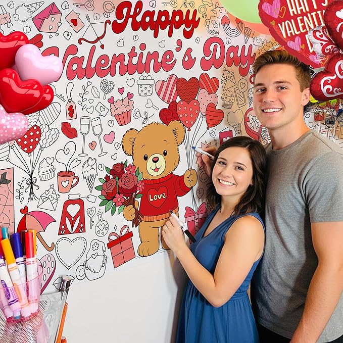 Valentine Coloring Tablecloth, Giant 30x72 Inch Poster with Bear, Hearts and Love Designs, Valentine’s Day Party Activities, Classroom Decorations, Party Supplies and Favors