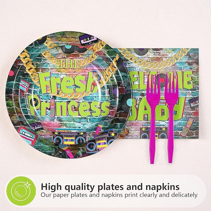 96Pcs Fresh Princess Baby Shower Party Decorations 90s Hip Hop Graffiti Plates and Napkins Disposable Vintage Themed Tableware Set for 90s Girl Baby Fresh Princess Baby Shower Party Supplies Serves 24