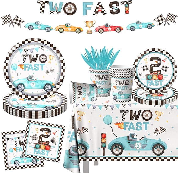 142pcs Two Fast Birthday Party Tableware Decorations for Boys Blue Race Car Checkered Flags Racing Wheel Disposable Plates,Tablecloth,Napkins,Cups,Forks and Knives for