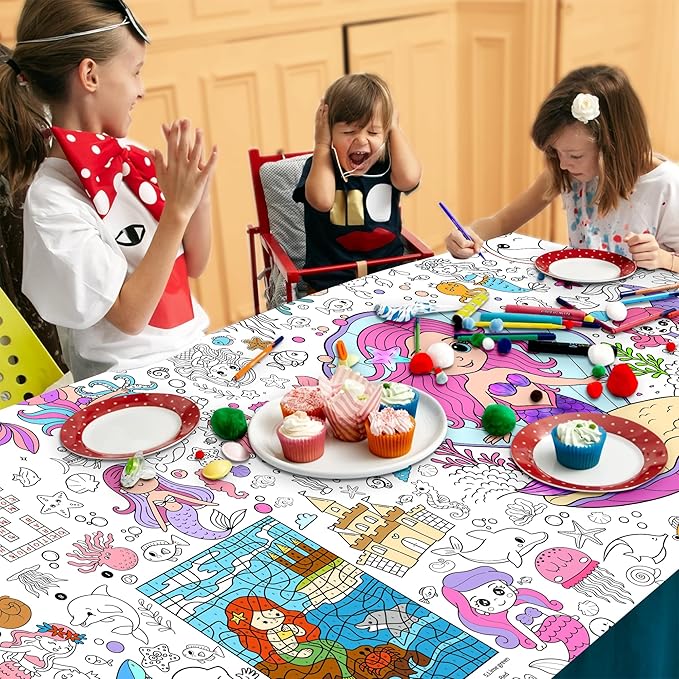 Mermaid Coloring Tablecloth for Kids, 30x72 Inch Poster with Mermaids, Seashells, Underwater Scenes, Idea for Mermaid Party Games for Girls, Sea Decorations, Classroom Fun, Event Supplies