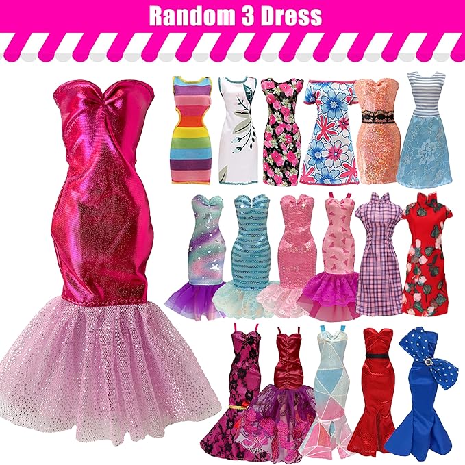 35 Pieces Doll Clothes and Accessories for 11.5 Inch Girl Dolls, Random 2 Wedding Dresses, 3 Fashionable Dresses, 3 Evening Dresses, 4 Tops, 4 Pants, 2 Swimwear, 5 Shoes, 10 Hangers, Necklace, Veil