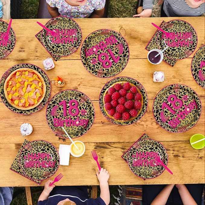 96Pcs Cheetah Print 18th Birthday Party Supplies Pink Animal Leopard Print Plates and Napkins Leopard Happy 18th Birthday Tableware Set for Girls Safari Animal Party Decorations Serves 24