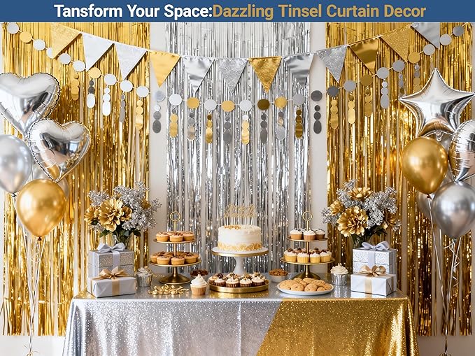 3 Packs Gold Silver Foil Fringe Curtains, Birthday Party Decorations Backdrop Tinsel Steamer, Wedding Engagement Bridal Shower Party Decorations Retirement Decor Graduation Party Backdrop