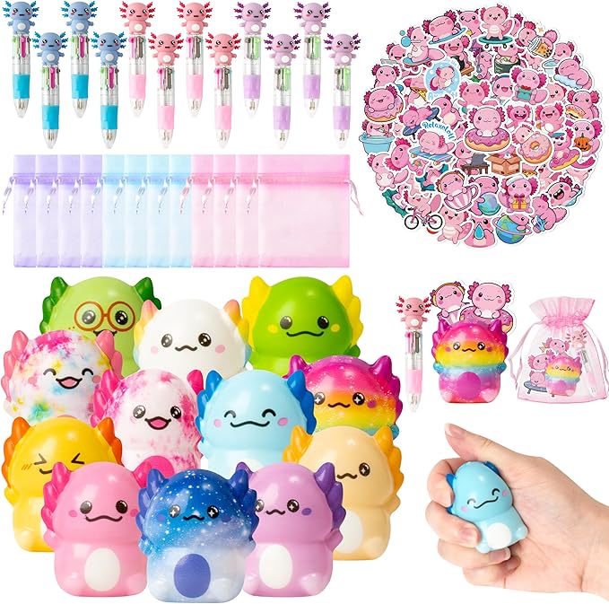 CY2SIDE 12 Pack Axolotl Squeeze Toys Party Favor Gift Set, Included Random Slow Rising Squishy Toys 4-in-1 Ballpoint Pen Cute Stickers and Organza Bag, Axolotl Party Goodie Bag Fillers for Kids Reward