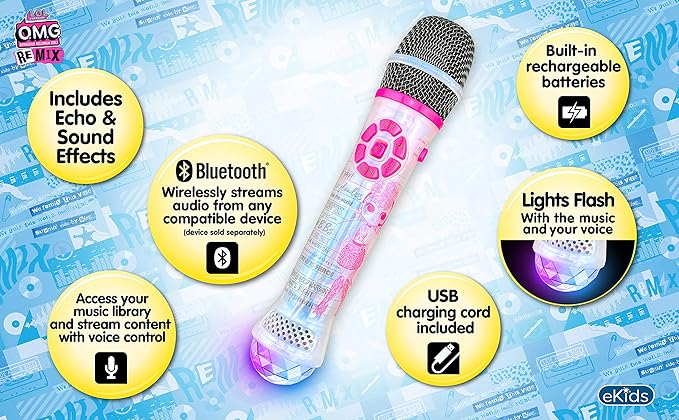 LOL Surprise Remix OMG Bluetooth Karaoke Microphone with LED Disco Party Lights, Portable Bluetooth Speaker Compatible with Apple Samsung Siri and Google Assistant, Karaoke Machine for Kids