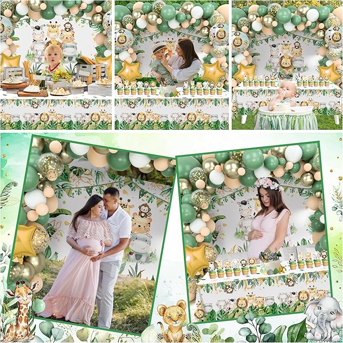 Sage Green Baby Shower Decorations for Girl Boy, Neutral Party Supplies - Green Balloon Arch Garland Kit, Animal Backdrop Tablecloth for Baby Shower Gender Reveal,Boy Girl Birthday Party decorations