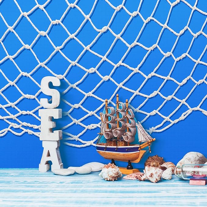 6 Pack Fish Net Decorative and Tablecloth Set, Cotton Fishnet and Plastic Table Cover Decorations Set for Nautical Themed Party Baby Shower Pirate Decorations Mermaid Party Supply (Dark Blue)