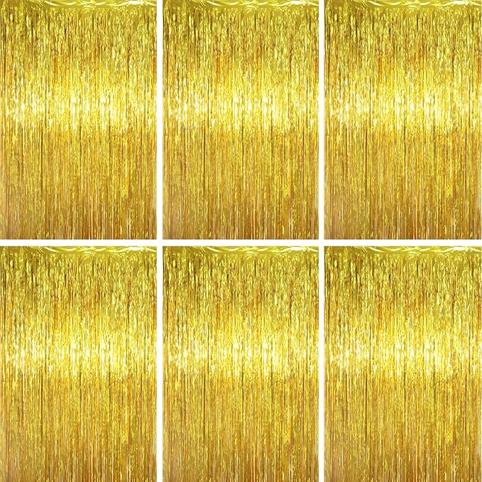 3.3 x 6.6 ft Foil Fringe Backdrop Curtains, Tinsel Streamers Party Decorations, Fringe Backdrop for Birthday, Baby Shower, Gender Reveal, Graduation (6, Gold)