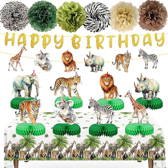 Safari Theme Party Decorations Animal Birthday Banner Jungle Tablecloth Centerpieces Hanging Swirl Decorations Animals Party Decorations for Wild Animals Party Supplies (Safari)