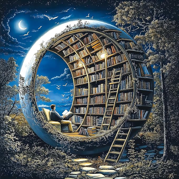 Fantasy Moon Shaped Library 500 Piece Jigsaw Puzzle for Adults, Surreal Night Sky Reading Man Jigsaw Puzzle, Gift for Book Lovers 20x20 Inch