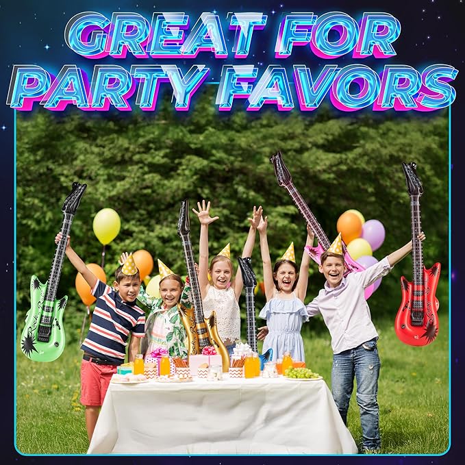 Bedwina Inflatable Guitars - (pack Of 6) 36-inch Colorful Blow Up Guitar With Strap, Party Favors, DJ-props, Photo-booth, Birthdays, Rock Star, Rock And Roll Party Decorations, 80s 90s Party Supplies