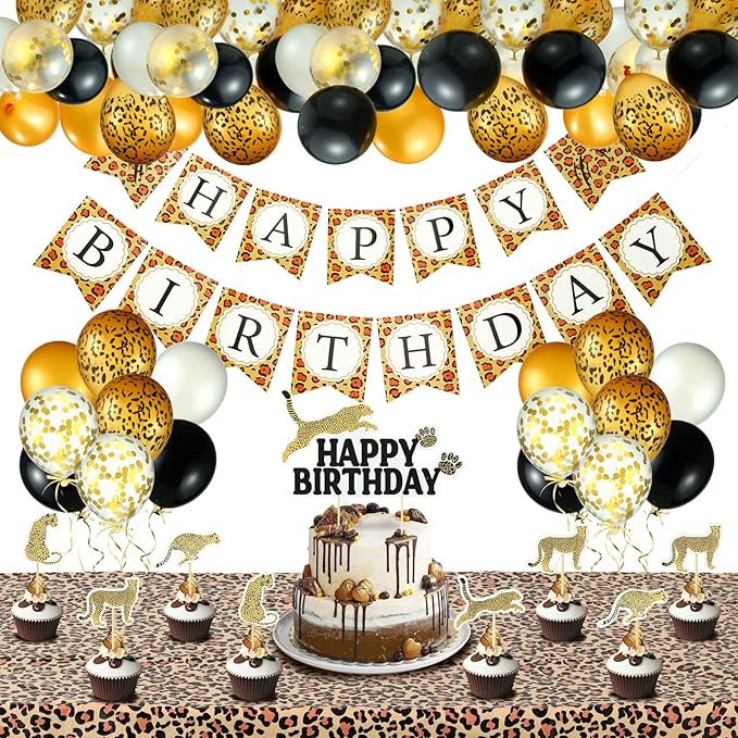 Civaner 51 Pieces Gold Cheetah Birthday Decorations Including Cheetah Birthday Banner Theme Balloons Leopard Cake Topper Safari Animal Print Tablecloth and Ribbon for Baby Shower Party Supplies