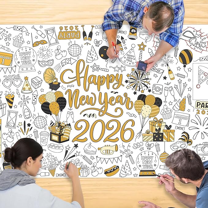 Happy New Year 2026 Coloring Tablecloth, Giant 30x72 Inches Activity Tablecloth with Fireworks and Countdown Designs, Perfect for New Year Party Activities, Party Decoration