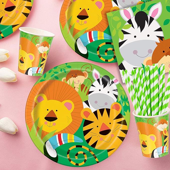 Jungle Animals Party Supplies (Animal Plates, Cups, Napkins, Straws (25 serves))