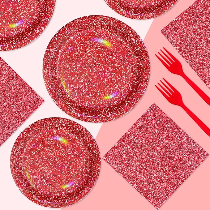 96Pcs Red Birthday Decorations Red and White Iridescent Plates and Napkins Tableware Sets Valentines Day Rainbow Party Decorations for Womens Wedding Engagement Baby Shower Party Supplies Serves 24