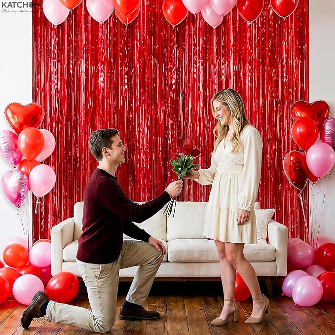 KatchOn, XtraLarge Red Streamers Backdrop - 3.2x8 Feet, Pack of 2 | Red Fringe Backdrop for Valentines Day Decorations | Foil Fringe for Birthday, Carnival, Casino Theme Party Decoration