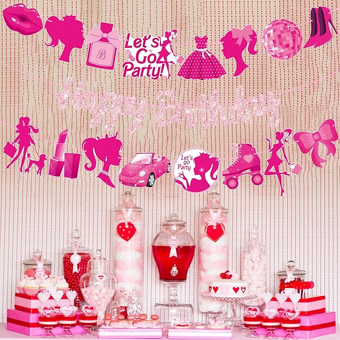 3Pcs Hot Pink Girl Happy Birthday Banners Glitter Hot Pink Princess Birthday Party Decorations for Girls Doll Theme Baby Shower Ladies Bachelorette Party Supplies