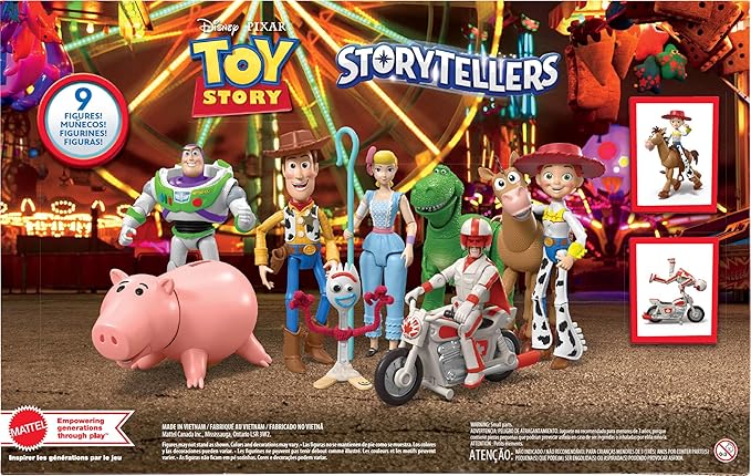 Mattel Disney and Pixar Toy Story Storytellers Figure Pack, 9 Figures & Vehicle, Woody Buzz Rex Forky Bo Peep Duke Caboom & Toy Motorcycle, Carnival Crew