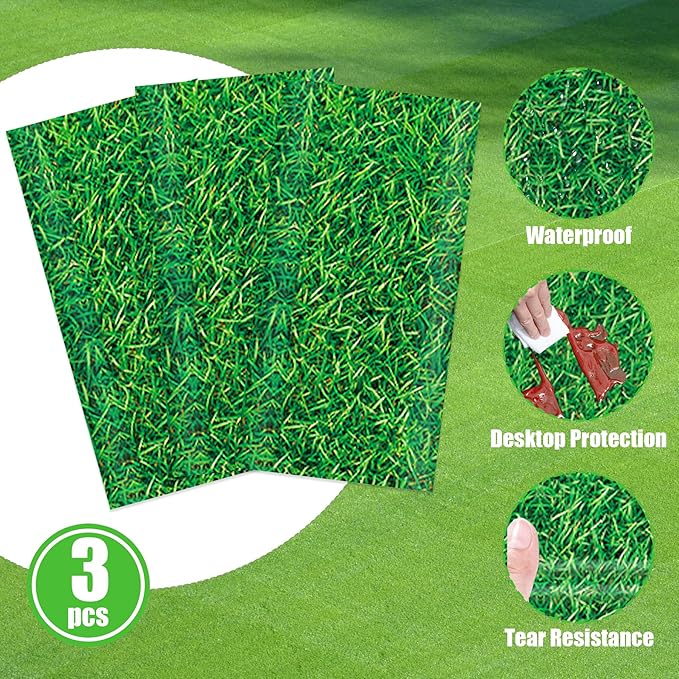 3 Pcs Green Grass Plastic Tablecloths, 51 * 86 Inch Disposable Grass Table Covers, Golf Soccer Party Decorations for Boys, Soccer Golf Sports Theme Birthday Party Supplies