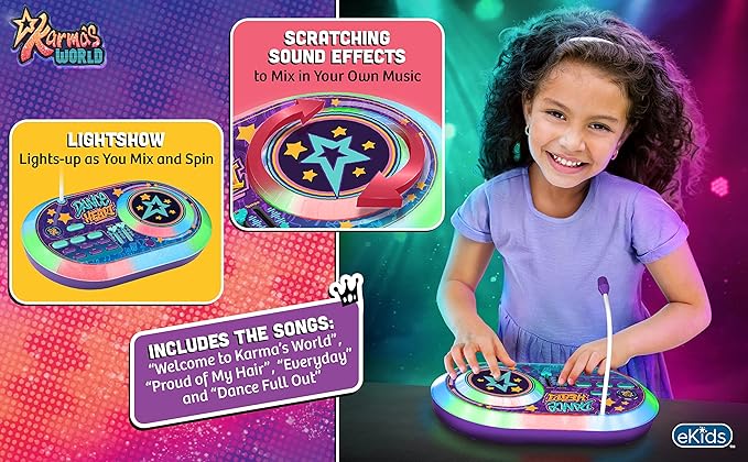 eKids Karmas World DJ Party Mixer Turntable Toy with Built in Microphone for Kids, for Fans of Karmas World Toys for Girls