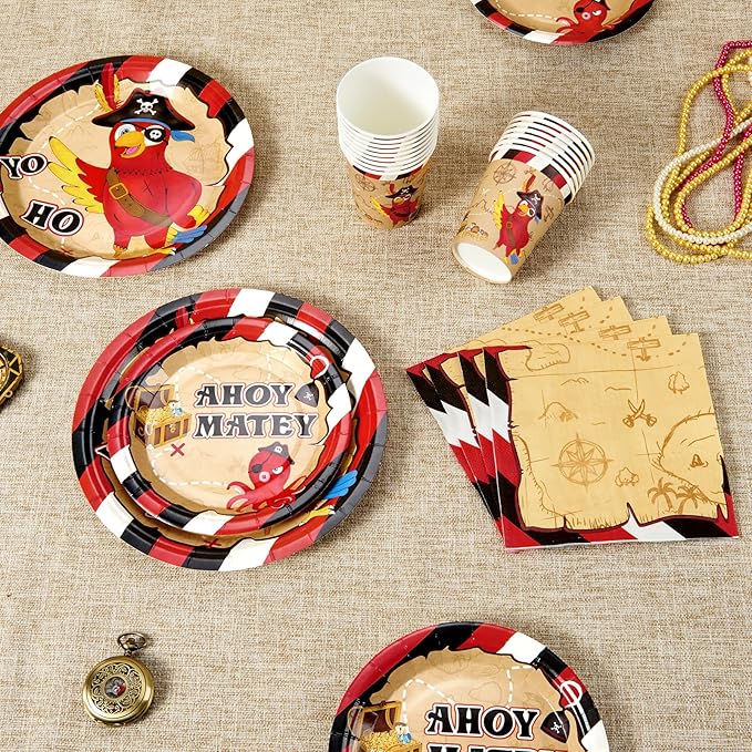 WERNNSAI Pirate Birthday Decorations - 64 PCS Pirate Plates Napkins and Cups Parrot Party Decorations Treasure Party Favors for Kids Birthday Treasure Theme Supplies Serves 16 Guests