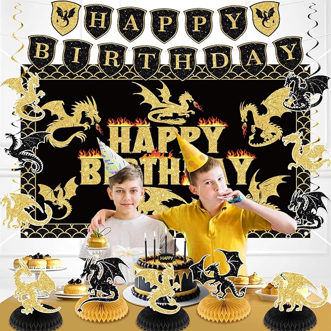 Dragon Birthday Party Decorations Black Gold Dragon Knight Party Supplies with Birthday Banner Backdrop Honeycomb Topper Hanging Swirls Balloons for Kids Dragon Decor