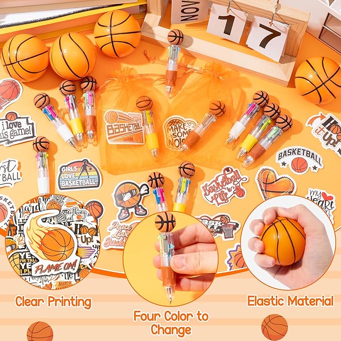 CY2SIDE 12 Pack Basketball Squeeze Toy Party Favor Gift Set with Ballpoint Pen Sticker and Organza Bag 2.5’’ Basketball Foam Stress Ball Classroom Prize for Kid Sport Lover Birthday Goodie Bag Stuffer