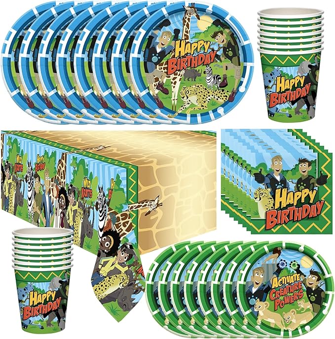 Treasures Gifted Officially Licensed Wild Kratts Birthday Party Supplies - Serves 24 Guests - Dinnerware Deluxe Set Wild Kratts Party Supplies - Wild Kratts Cups, Plates, Tablecloth & Napkins