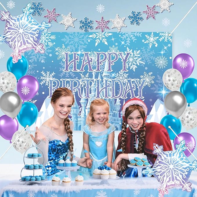 Frozen Birthday Party Decorations For Girls,Happy Birthday Backdrop,Banner,BlueBalloons,Table Cloth,Paper pom poms Party Supplies for Women