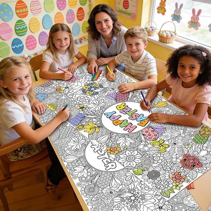 Dvbonike 2Pcs Jumbo Easter Mandala Coloring Poster - Easter Egg Bunny Flower DIY Drawing Color-in Paper Blank Art Banner 55.1 x 23.6 Inch Wall Decor, Home Classroom Activity Spring Party Supplies