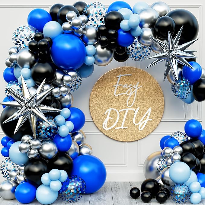 ALL-IN-1 Blue and Black Balloons Arch Kit with BONUS Starbursts – Small & Large Silver Black Blue balloons – Light, Navy, Royal Blues & Blacks Party Decorations for Baby, Graduation, Birthday, Gaming