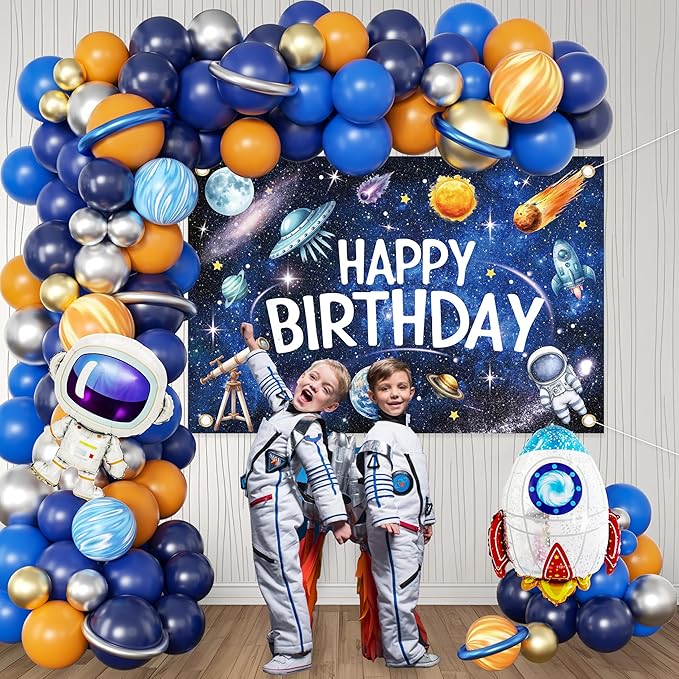 Outer Space Birthday Decorations for Boys,Party Decor Supplies Boy Including Happy Birthday Backdrop,Rocket Balloons Astronaut Foil Balloon