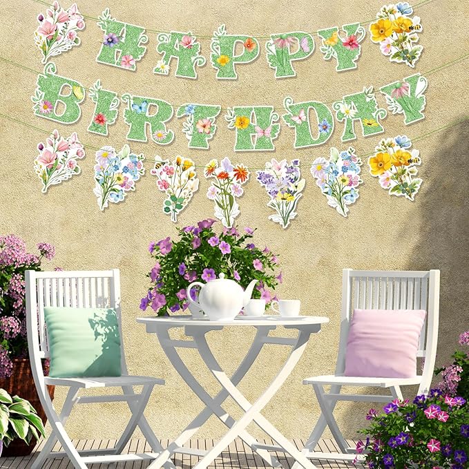 3 Pcs Wildflower Birthday Party Decorations Green Glitter Happy Birthday Banner Colorful Hanging Decor Funny Banner Cutout Garland for Themed Decoration Bridal Shower Garden Party Supplies