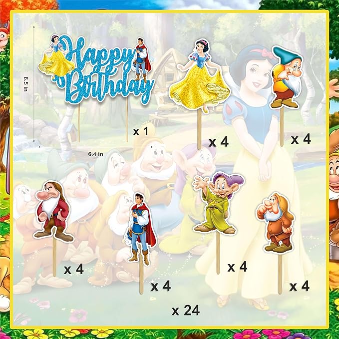 "Snow White and the Sevn Dwafs Theme Birthday Party Supplies – Princess Fairy Tale Decorations for Girls Birthday and Magical Celebrations – Includes Cake Toppers, Banners, Cupcake Picks & Garland"