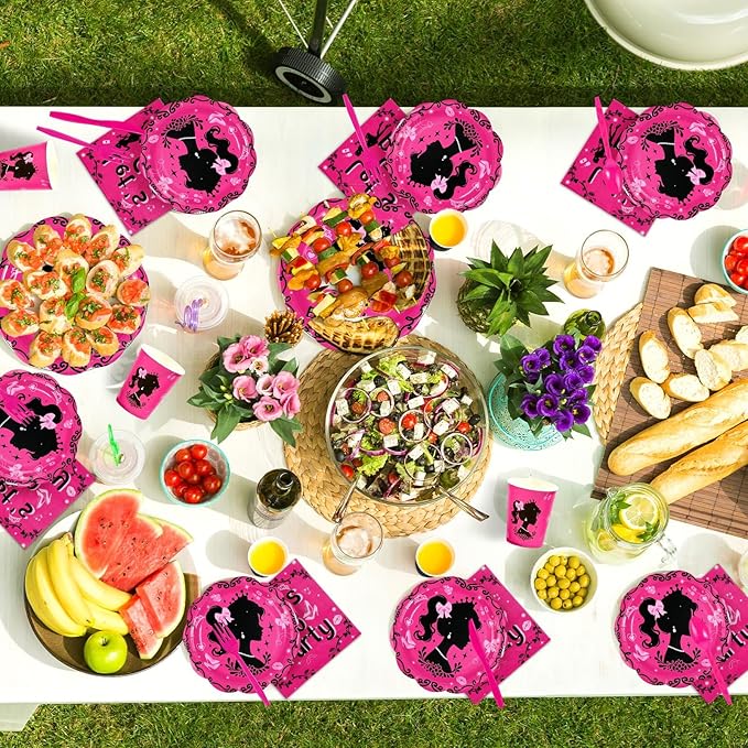 168Pcs Hot Pink Birthday Party Supplies Set Black Fashion Girl Plates and Napkins Cute Princess Decorations Tableware Set for Birthday Disco Party Supplies，Serves 24