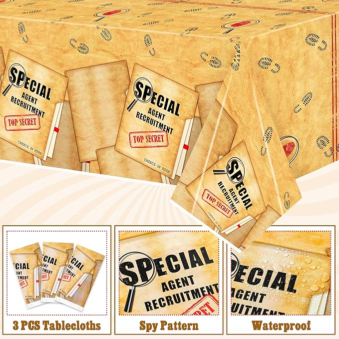 K1tpde Retro Spy Party Tablecloths - 3PCS Brown Vintage Secret Agent Theme Table Covers for Kids Birthday Party Escape Room Plastic Tablecloth Mystery Decor for Boy Spy Detective Supplies