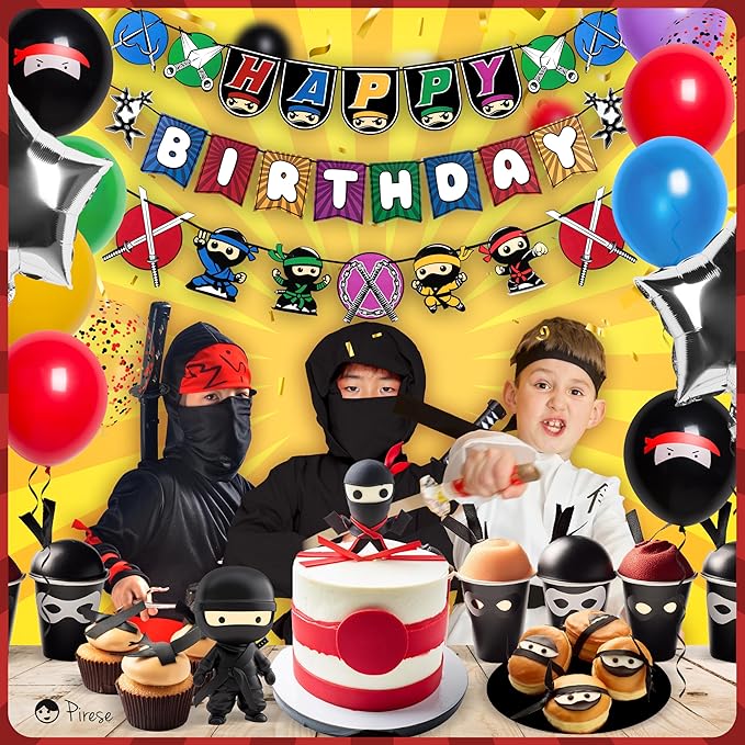 Pirese Ninja Birthday Party Decorations Kit – Japanese Ninja Birthday Banner, Ninja Party Supplies, Ninja Balloons, Martial Arts & Ninja Warrior Party Decor, Mortal Kombat Theme