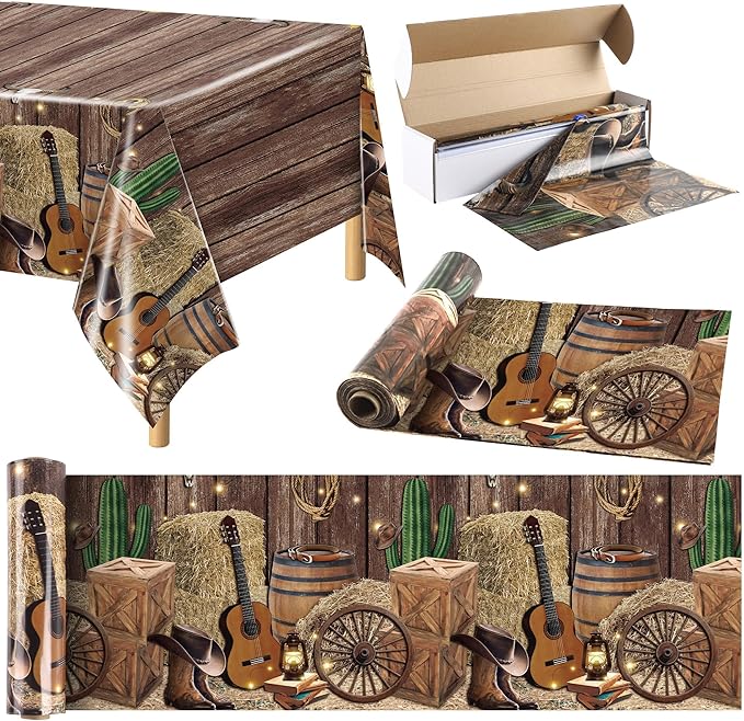Kochorie 54 Inch X 100 Feet Western Party Tablecloth Roll, Disposable Western Cowboy Table Cover, Cowboy Theme Plastic Tablecloth Wild West Wooden House Barn Door Table Cover for Baby Shower Birthday