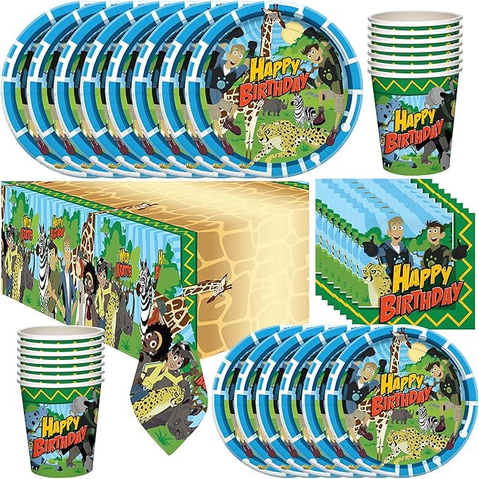Treasures Gifted Officially Licensed Wild Kratts Birthday Party Supplies - Serves 16 Guests - Dinnerware Deluxe Set Wild Kratts Party Supplies - Wild Kratts Cups, Plates, Tablecloth & Napkins
